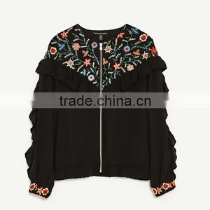 2017 Custom Designs Women Round Neck Embroidered Jacket With Frills thumbnail-6