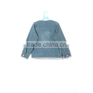2016 New Style Loveable Pink Flower Stitched Design Lace Hem Kids Denim Jacket With Hood thumbnail-2