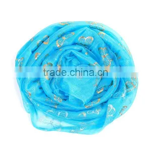 Imitation Silk Scarves & Wraps Rectangle Golden Blue Butterfly Scarf Yiwu thumbnail-3