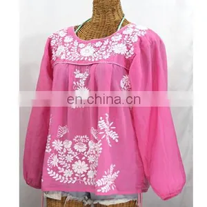 Mexican Full Sleeve Blouse Tunic Pink 100 % Cotton White Embroidery Casual Wear Women Blouse's thumbnail-1