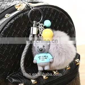 Rabbit Fur Ball WIth Bear Pendant Pom Pom Keychain With Leather Cord thumbnail-1