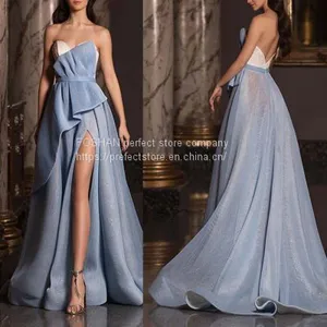 2021 Slim and Long Blue Light Host Dress Wrapped Chest and Shoulder Slit Evening Dress thumbnail-1
