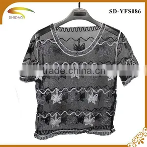 Fashion High Quality Semi Sexy Short Sleeve Embroidery Floral Lace Crochet Blouse thumbnail-2