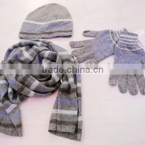 Lambs Wool Stripe Hat Scarf Gloves Set thumbnail-1