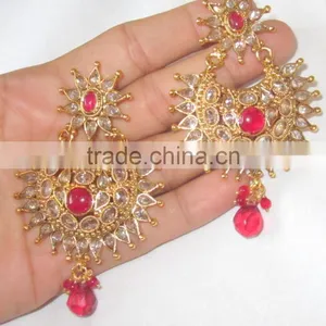 Pink Polki Gold Tone Dangler EARRING Pair thumbnail-2