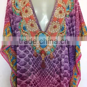 Purple Digital Crystal Embellished Kaftan CAFTAN Tunic Poncho Blouse thumbnail-1