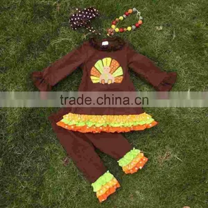 2T-7 New Baby Girls Thanks Giving Pant Outfits Turkey Boutique Outfits Matching Hair Bows and Chunky Necklace Set thumbnail-1