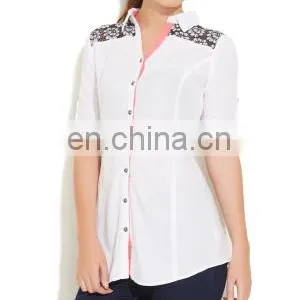 Adult Women's Fashion Lace Work at Shoulder Collar Neck Front Button Style High Quality Semi Sexy Sheer Sleeve Tops Lady Blouse thumbnail-1
