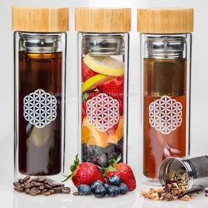 Double Wall Eco Pyrex Borosilicate Glass Tea Filter Infuser Drinking Water Bottle With Top Bamboo Lid thumbnail-2