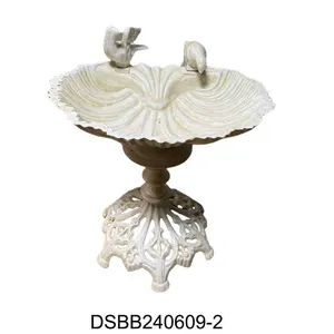 Heavy Duty Cast Iron Standing Bird Bath With 2 Decorative Birds Cream Shell thumbnail-3