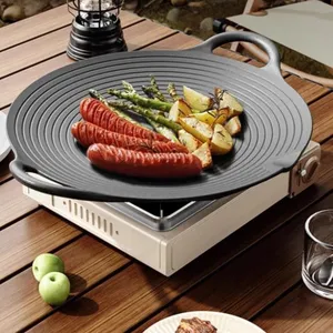 Korean BBQ Grill Pan, Nonstick Stovetop Grill Plate With Handles, Cast Iron Round Griddle Pan Indoor Outdoor Grilling 11.8in thumbnail-4