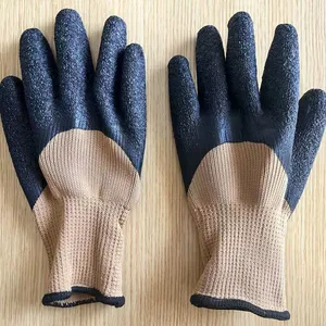 Coffee Polyester 7 Gauge Knitted Wrinkled Latex Palm Coated Safety Work Gloves for Workers thumbnail-1