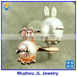 2015 New 18K Gold Plated Bunny Rabbit Pearl Stone Silver Cute Ring thumbnail-2