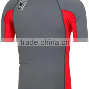 92% Polyester 8% Spandex (Lycra) Short Sleeves Grey Compression Shirt / Rash Guard With Red Side Panels thumbnail-2