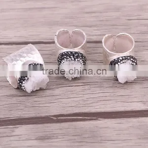 Natural White Quartz Stone Druzy Rings, Metal Copper Silver Plated Wide Band Crystal Zircon Paved Gem Stone Ring thumbnail-1