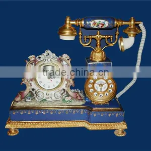 Antique Curio Ceramic Telephone Table Clock, Gold Plated Brass Footed Desk Clock, Collectable Home Decorative Table Clock thumbnail-1