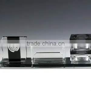 JINGYAGE Office Table Set K9 Crystal Business Card Holder With Clock and Black Pen Holder thumbnail-1