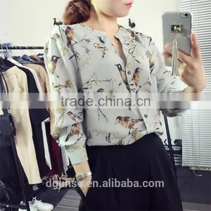 The Spring Summer Ladies Tops Socialite Retro Birds Digital Printing Long Sleeve Chiffon Blouse for Women thumbnail-1