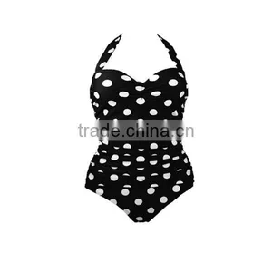 Vintage Floral Print White Polka Black One Piece Bathing Suits thumbnail-2