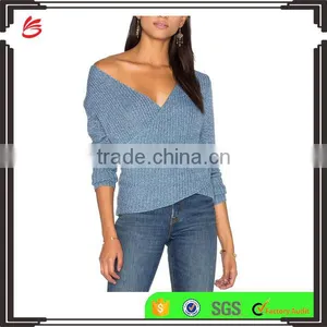 Blue Plain Custom V-neck Sweater for Women Pullover Sweater Dress thumbnail-1