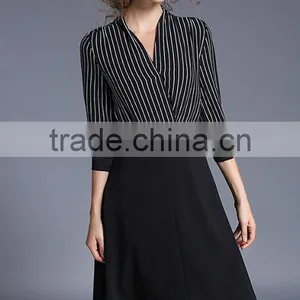 Fashion Women V Neck Vertical Stripes Office Dress Korean OL Belted Midi Dress thumbnail-3