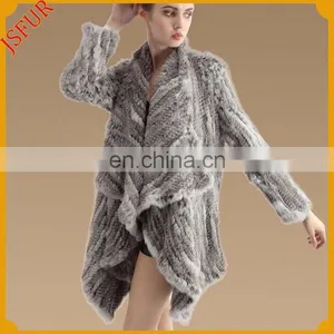 Wide Lapel Natural Rabbit Fur Crochet Coat for Woman With Genuine Rabbit Fur Knit Coat thumbnail-1