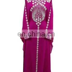 Stylish Crystal Beaded Chiffon Royals Pink Kaftan Long Sleeve Latest Dress Designs Moroccan Jalabia Kaftan Kaftan Dress for Sale thumbnail-1