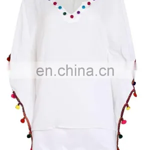 BRIGHT POM POM TRIM OVERSIZED TOP Slim Embroidered Poncho/ Short Kaftan For Women Summer Wear thumbnail-1