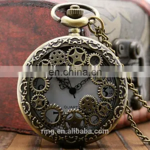 Yiwu Factory Bronze Hollow Gears Quartz Pocket Watch With Necklace Best Wedding Gift thumbnail-1