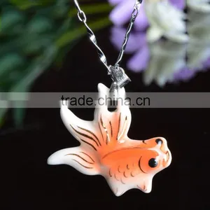Enamel Famille Rose Porcelain Glazed Hand Draw Fish Shape Pendant Necklace thumbnail-1
