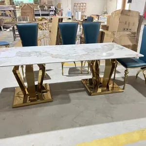 Luxury Stainless Steel Wedding Table Gold Rectangle Slate Table Top Dining Table For Wedding Event thumbnail-1