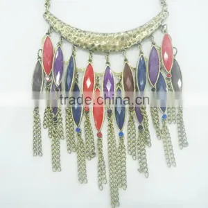FASHION MULTI COLOR BEADED CHAIN TASSEL STATEMENT NECKLACE thumbnail-2