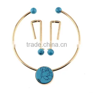 Fashionable Turquoise Jewelry Gold Choker Earrings Necklace Set thumbnail-1