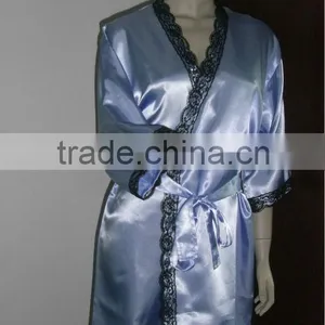 Short Satin Kimono Bathrobe With Lace for Women thumbnail-1