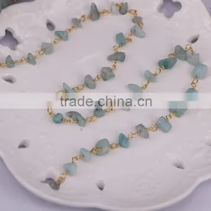 Aquamarine Chip Beads Link Rosary Chains,Brass Wire Wrapped Chain Necklace Bracelet, Fine Jewelry Findings Stone Beaded Chain thumbnail-3