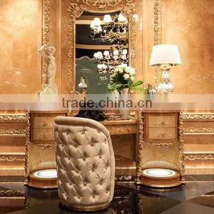Golden Upholstery Queen Anne Bed, Luxury Wood Carved & Gold Painted Queen Bedroom Furniture, Vitoria Style King Size Bed thumbnail-4