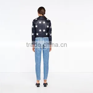 Fashion Contrasting Coloured Stars Cropped Leather Jackets for Women thumbnail-3