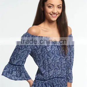 2017 Guangzhou Shandao Latest Fashion Summer Design 3/4 Flare Sleeve Round Neck Printed Loose Ladies Chiffon Tops thumbnail-3