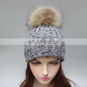 Winter Lady Knit Beanie Hat With Real Raccoon Fur Ball thumbnail-2