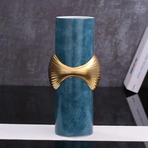 Light Luxury Blue Leather Concave Gild Ceramic Vase For Shopping Mall Hotel Decor thumbnail-3