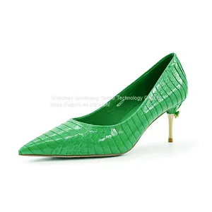New Sexy Women's Shoes Plus Size Green Pointed Shallow Mouth Thin High Heels Snakeskin Electroplated Metal Heel For Lady thumbnail-1