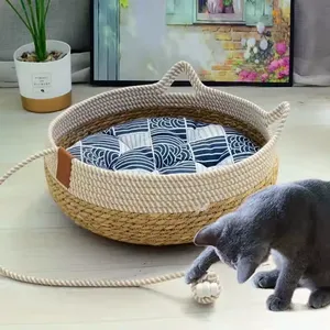 Removable Woven Cat Bed Upholstery Sleeping House Cat Scratch Floor Rattan Wear-resistant Washable Cat Cave Pet Supplies thumbnail-3