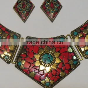 Processed Coral Fashion Jewelry Tibetan Style Mosaic Work Statement Necklace and Earrings thumbnail-4