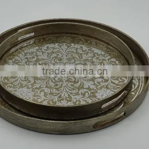 Antique Painted Round Wooden Mirror Tray With Flower Printing thumbnail-2