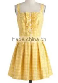 [FFD0033] Ladies Gingham Square Neck Yellow Ruffle Formal Dress thumbnail-1