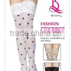 White Sheer Lace Up Thigh High Stocking With Point Design 2 Colors thumbnail-1