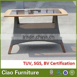 Teak Wood With Insert Black Glass Top, Rattan Base Outdoor Table thumbnail-1