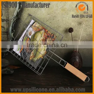 Non-Stick BBQ Fish Grilling Basket / Grill Stainless Steel Wire Mesh/BBQ Grill Mesh With Wooden Handle/Grill Lattice thumbnail-2
