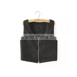 Trendy Retro Full Zip Faux Suede Sleeveless Bodycon Short Crop Vest Tank Jacket Top thumbnail-3