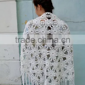 Vintage White Crochet Shawl, Soft Crochet Fringe Wrap, Wedding Shawl Wrap, Bride Shawl Ivory Wedding thumbnail-4